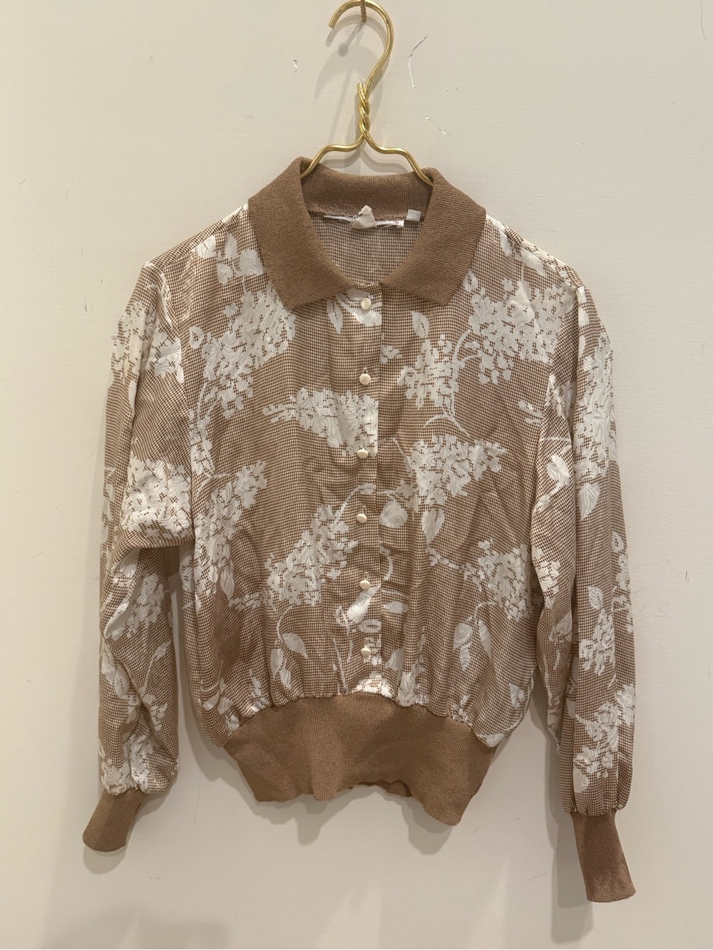 Vintage Beige and White Floral Button-Up Knit Blouse